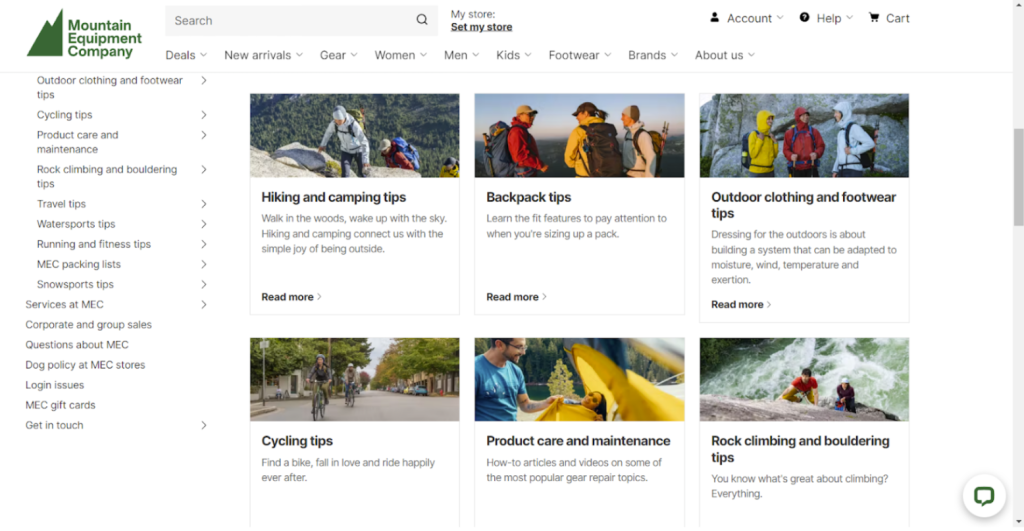 mountain equipment company website content